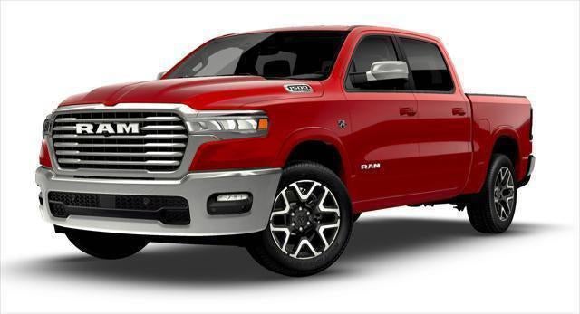 2026 RAM Ram 1500 RAM 1500 LARAMIE CREW CAB 4X4 5'7' BOX in Molten Red Pearl-Coat Exterior Paint — front three-quarter view