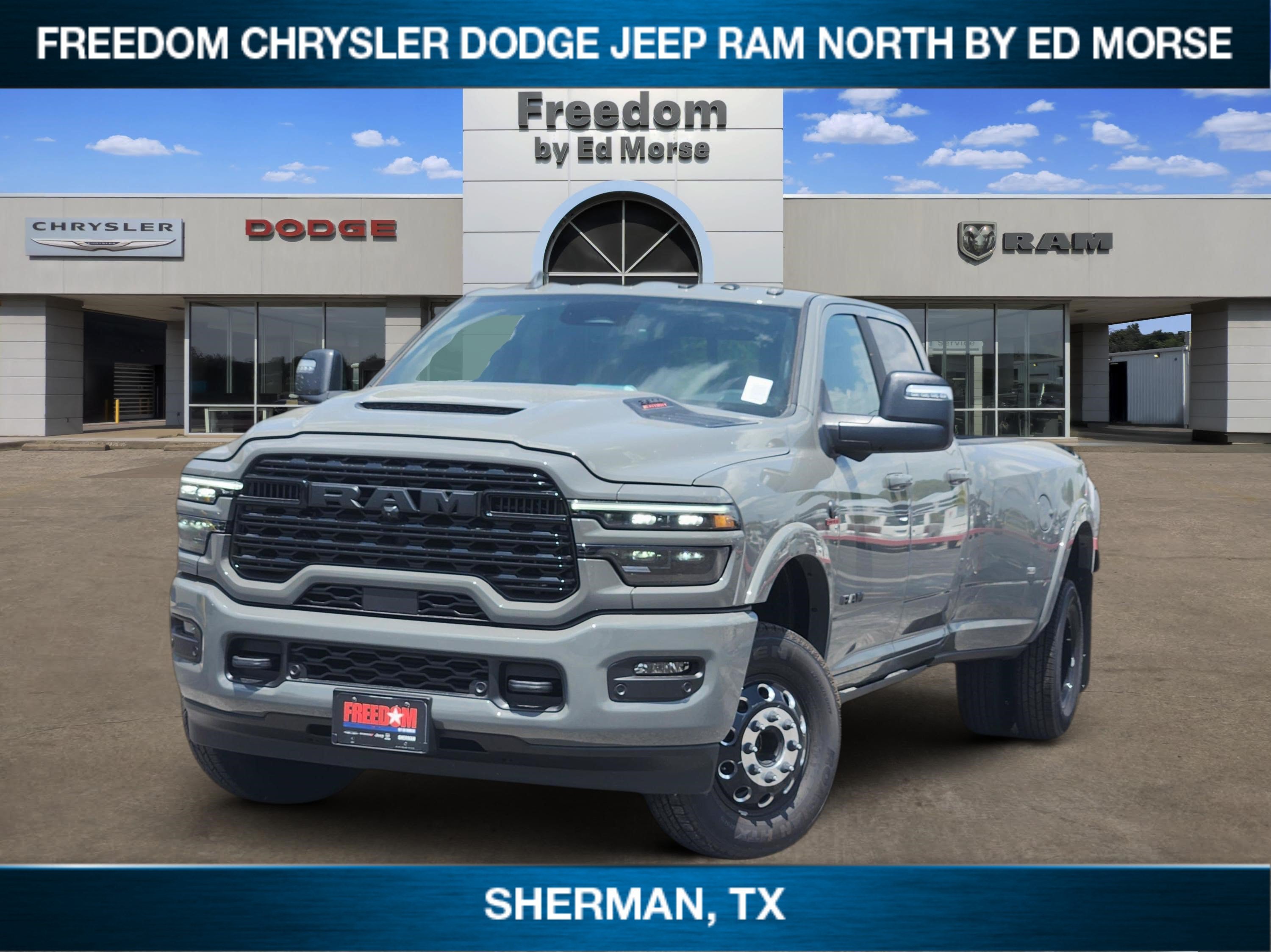 2026 RAM Ram 3500 RAM 3500 LIMITED CREW CAB 4X4 8' BOX in Ceramic Gray Clear-Coat Exterior Paint — front three-quarter view